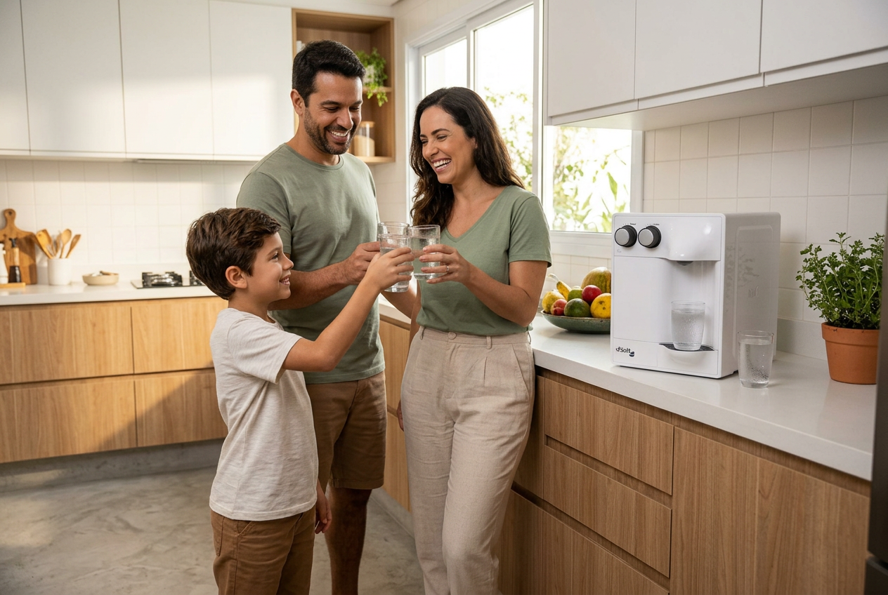 Família brasileira brindando com copos de água gelada em cozinha moderna, com purificador de água Everest Soft branco sobre a bancada