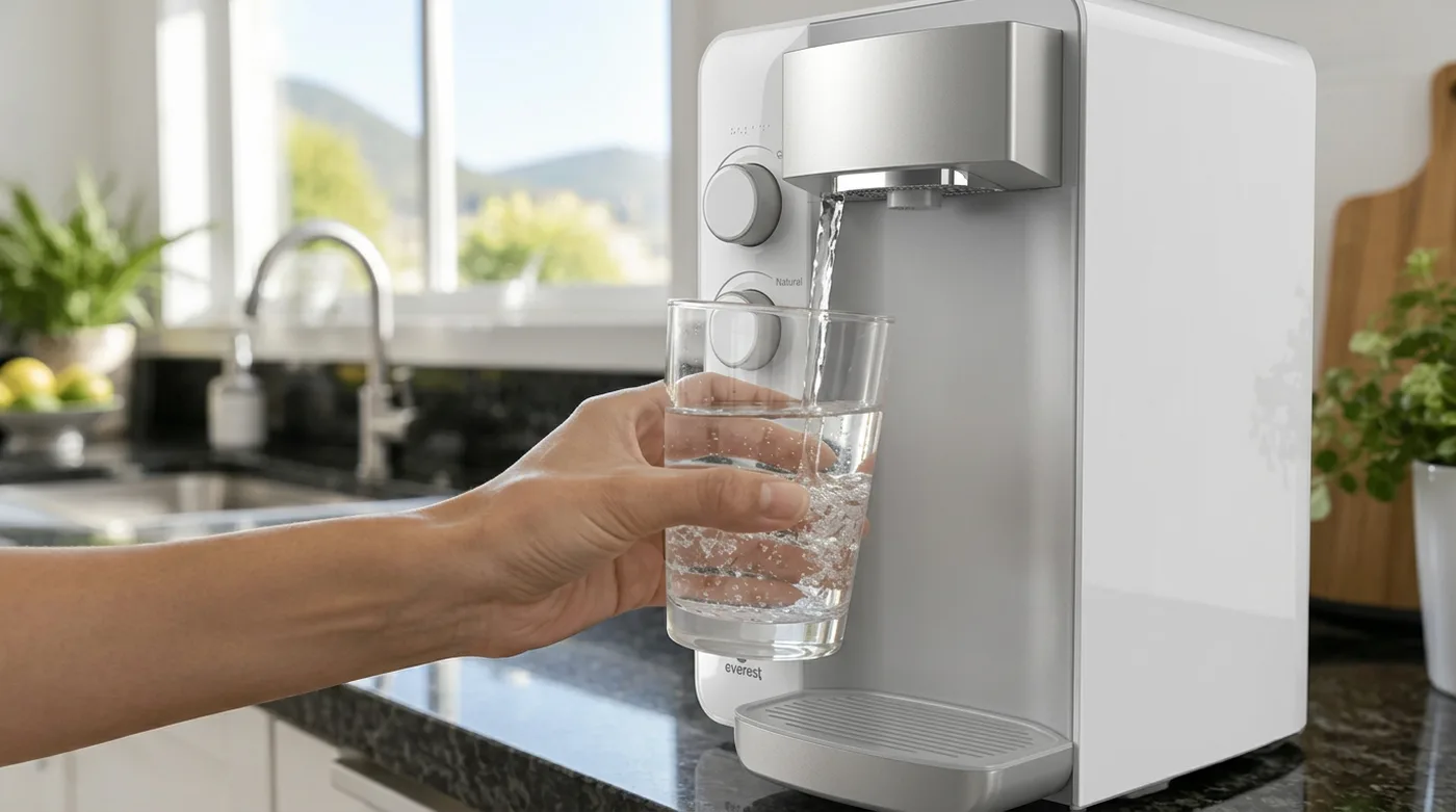 Close de uma mão enchendo um copo com água cristalina em um purificador Everest Foz branco sobre a bancada da cozinha